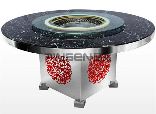 下沉式黑色大理石自凈化無煙圓形火鍋桌帶轉(zhuǎn)盤