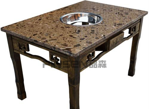 沉降式中式四人長(zhǎng)方形黑色大理石火鍋餐桌