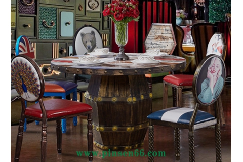 美式咖啡廳主題餐廳餐桌椅圓形鐵藝火鍋桌圓桌子組合復(fù)古工業(yè)風(fēng)餐桌椅