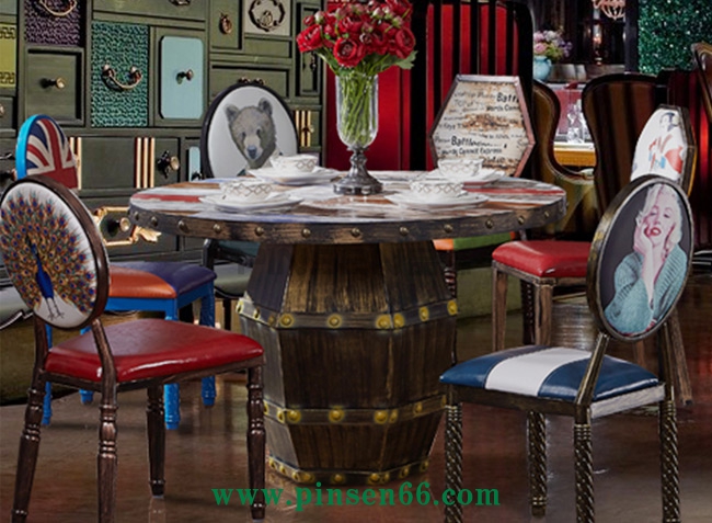 美式咖啡廳主題餐廳餐桌椅圓形鐵藝火鍋桌圓桌子組合復(fù)古工業(yè)風餐桌椅